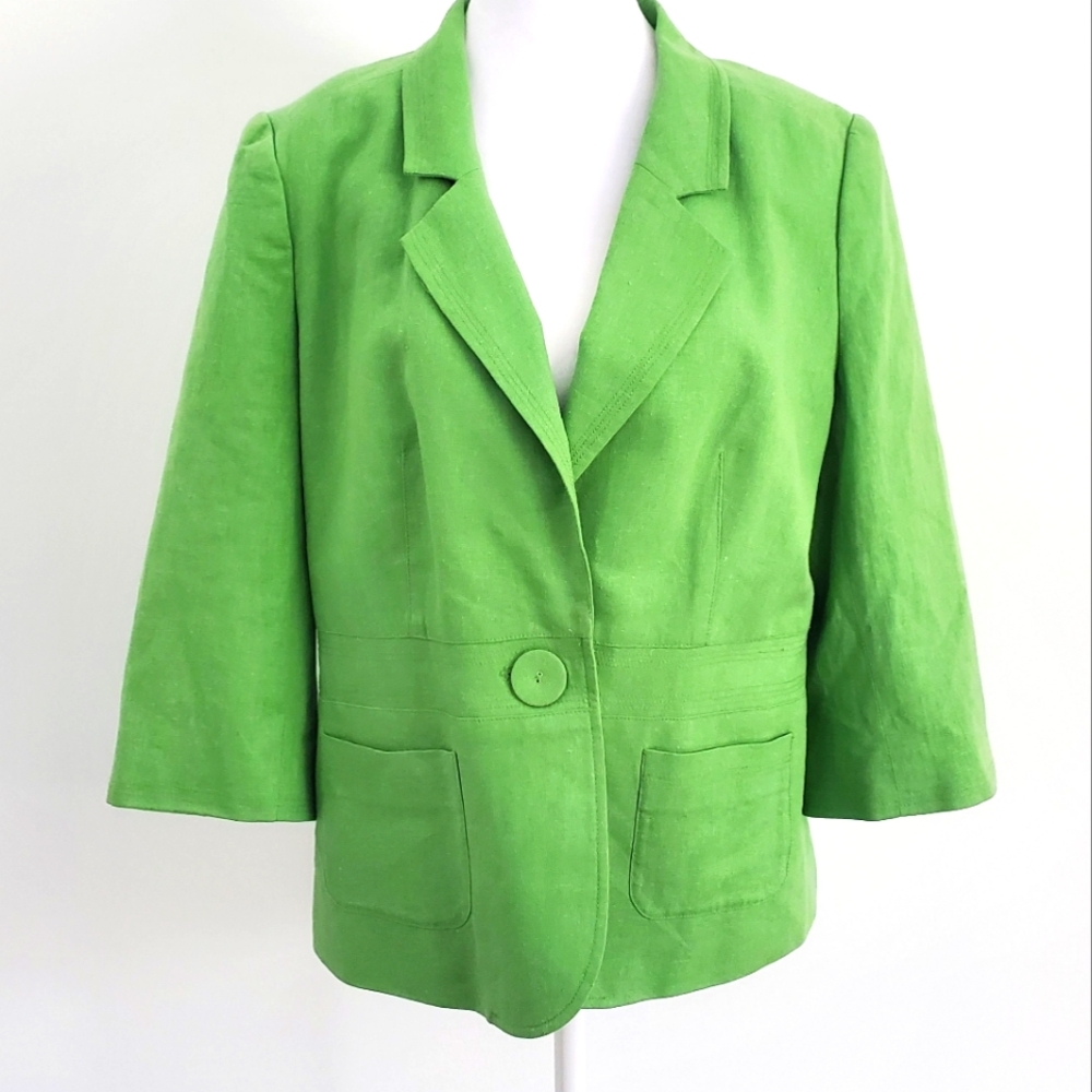 Women's Linen Jacket Blazer Vibrant Lime Green 3/4 Sleeves Classic Fit
